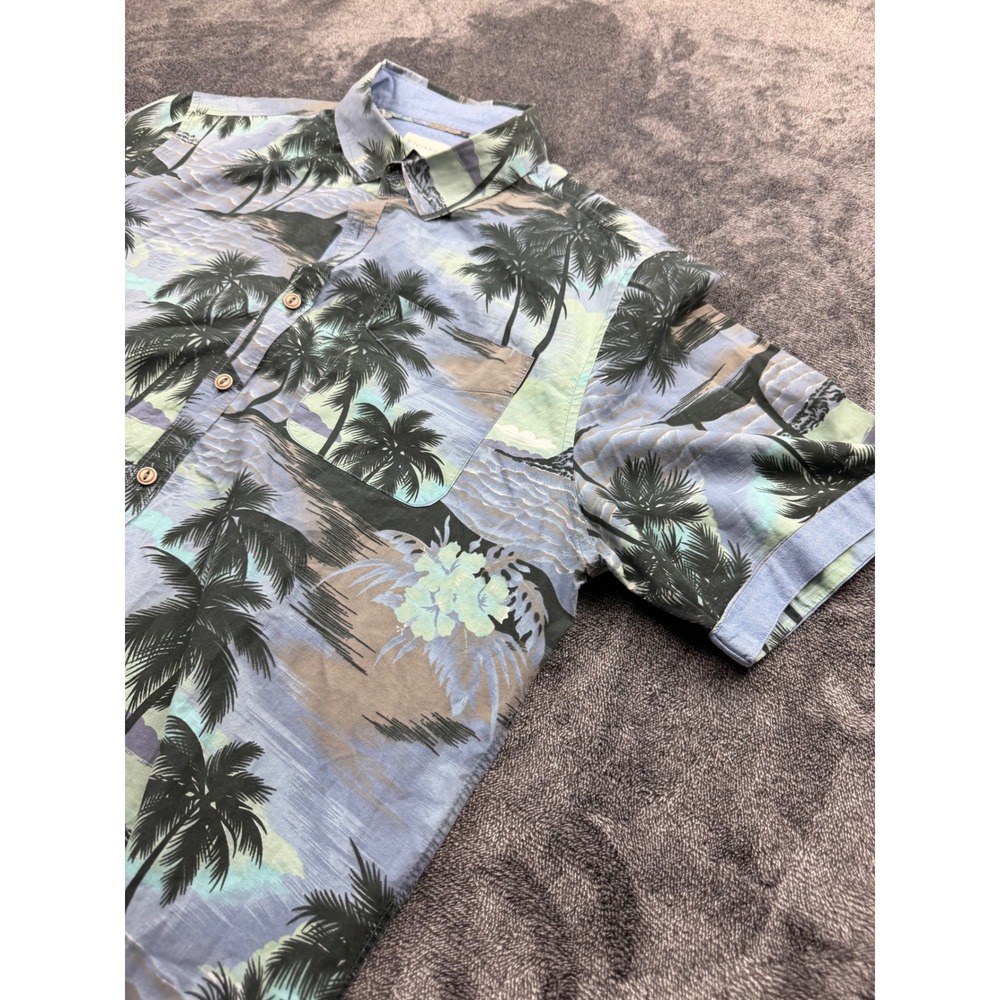 7 Diamonds Mens XL Tropical Palm Tree Button Down Shirt Blue Green Cotton Scenic